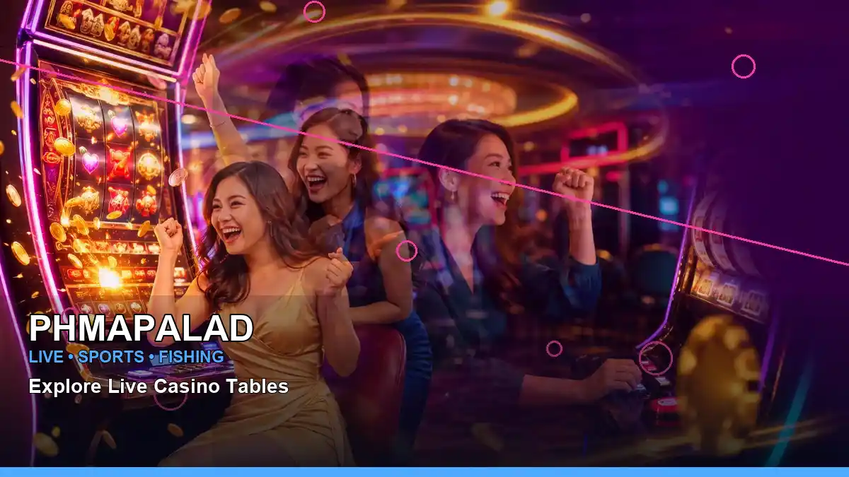 PHMAPALAD neon-lit jackpot slot reels arranged in a wide panoramic layout for Philippine players